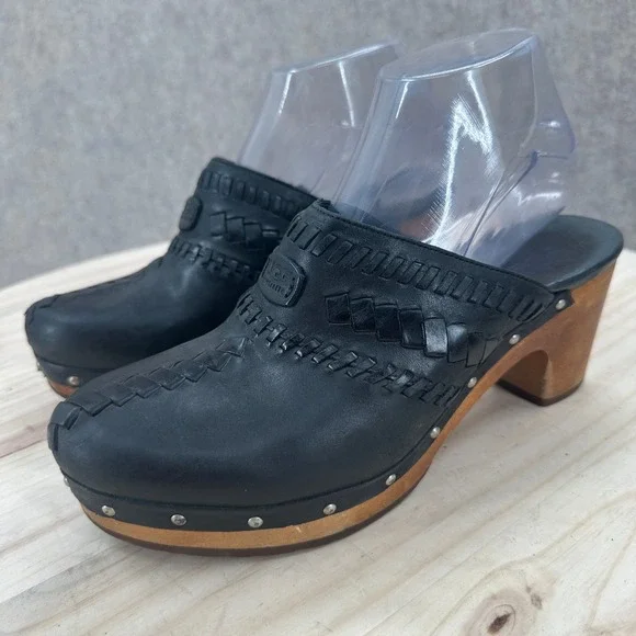 UGG Australia Black Leather Woven Whipstitch Wood Heel Studded Clogs Mules 8 - Picture 1 of 14